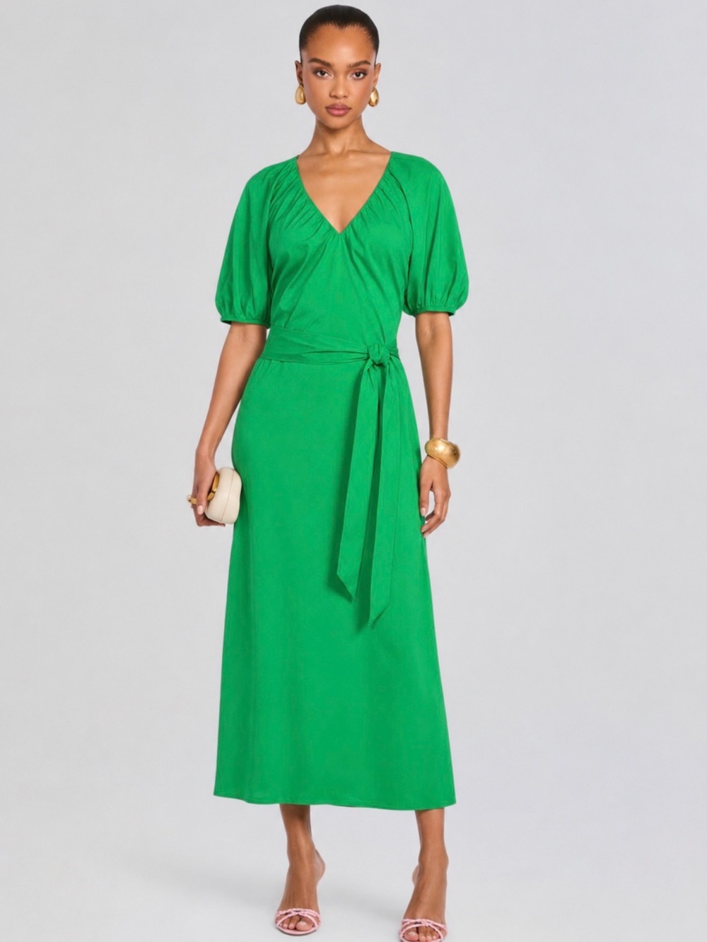 Alex Marie Green V-Neck Tie-Waist Midi Dress Bubble Sleeves Small